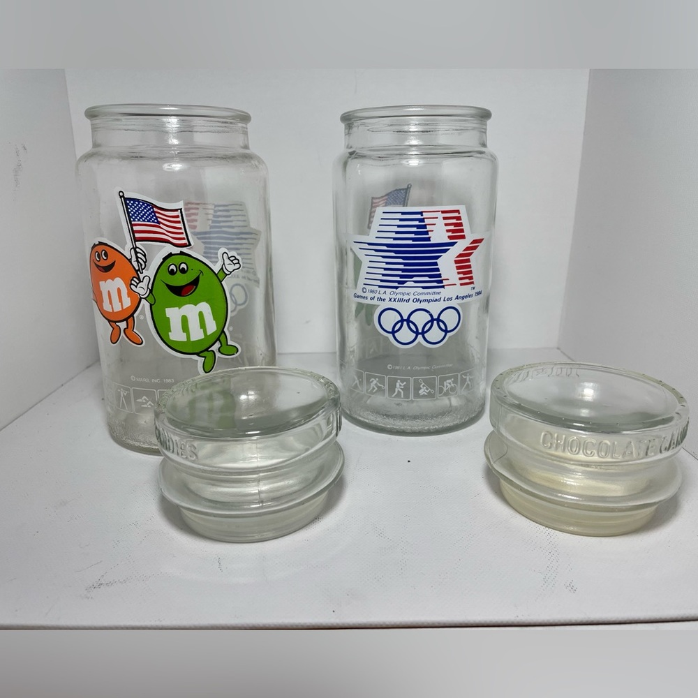 Collectible 1983 M&Ms Glass Candy Jars Summer Olympics (2pc)